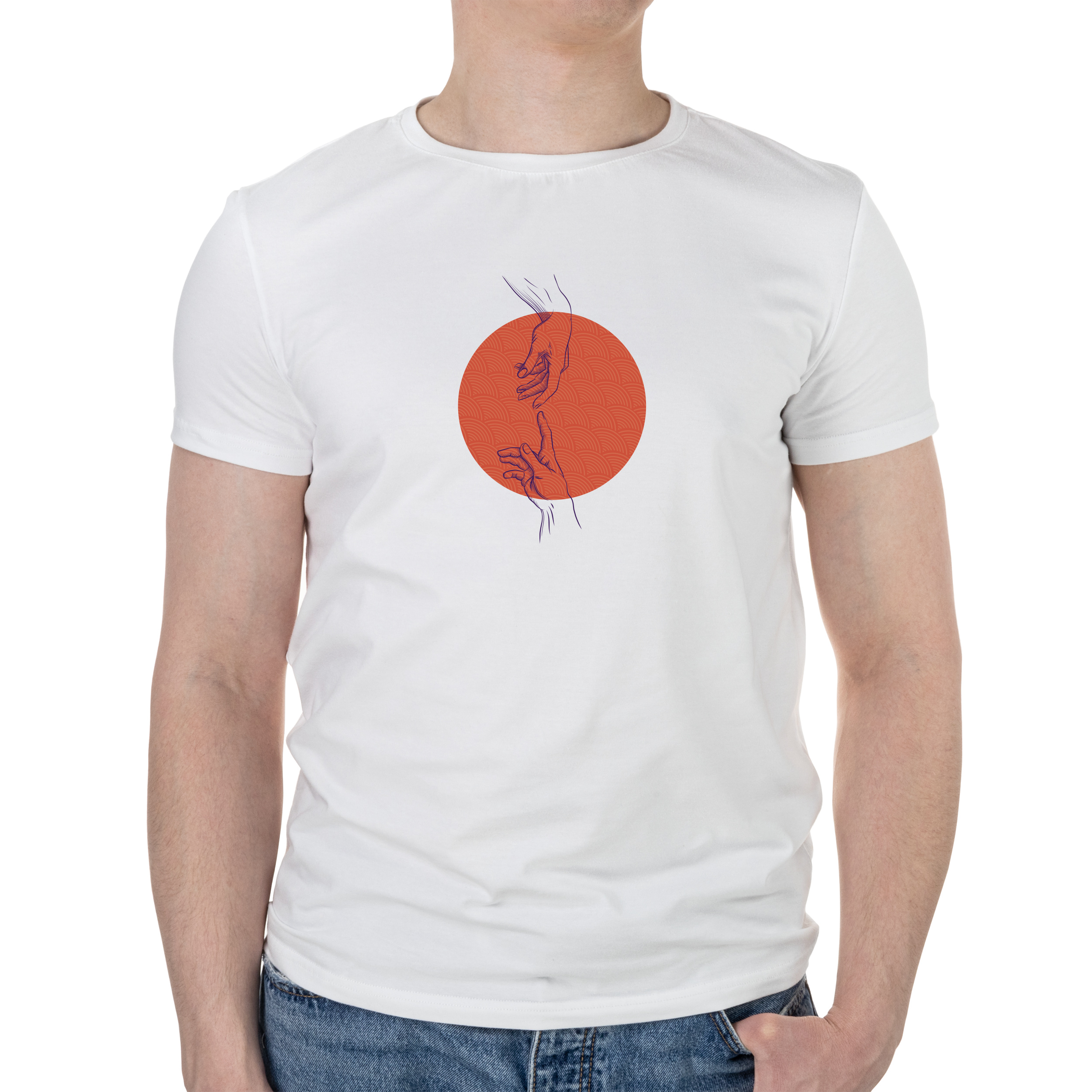 Футболка чоловіча біла бавовна/еластан А4 розміру Hands of god XS - фото 1 - Футболки